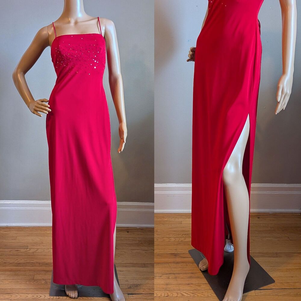 Vintage Y2K Zum Zum Red Prom Gown Empire Waist Regency Maxi Dress Beaded Size 5